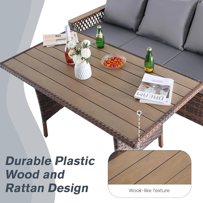 MELLCOM Wicker Outdoor Dining Table, Rectangular Metal Frame Garden Table for Garden, Lawn, Patio