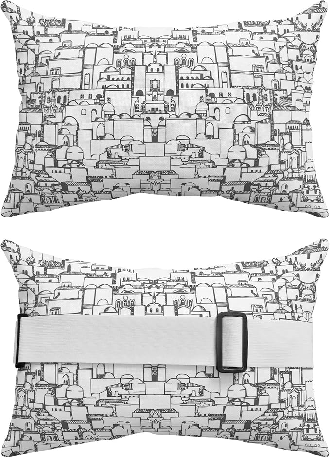 Outdoor Pillows Covers with Inserts Retro Black Gray Castle Lineart Silhouette Waterproof Recliner Pillow with Adjustable Strap Throw Pillows for Patio Furniture Pool Lounge Chair, 12x20 inch, 1PCS