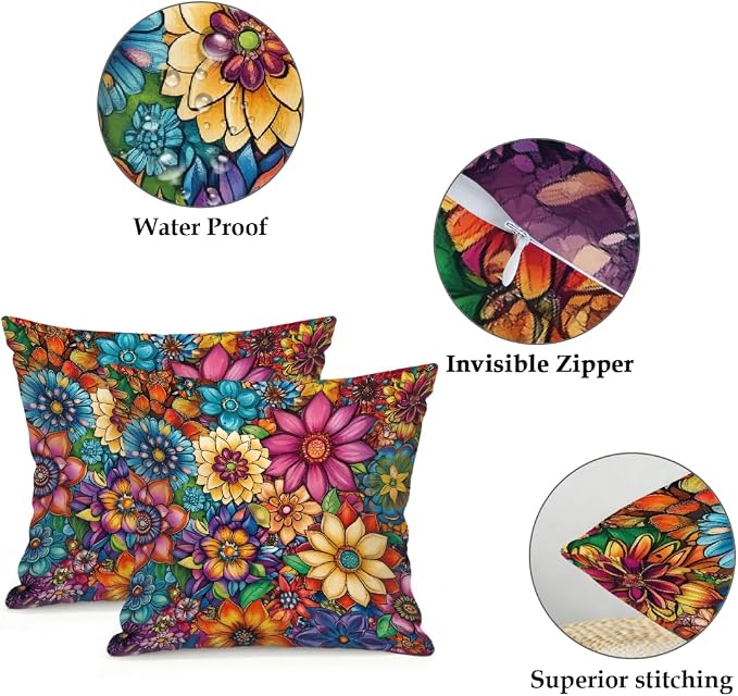 20x20 Inch Outdoor Pillow Covers Set of 2 Waterproof Throw Pillow Covers Decorative Couch Cushion Covers Bright Floral Mandala Square Pillowcases Protectors for Patio Garden Sofa