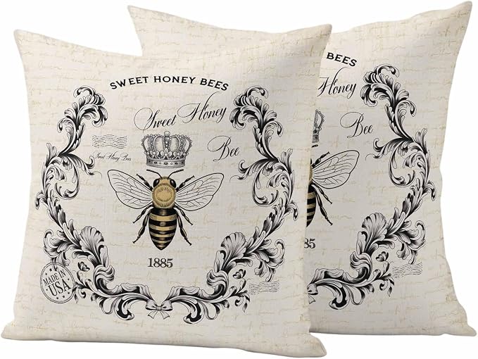 Outdoor Waterproof Throw Pillow Covers Set of 2 Sweet Honey Bees Pillowcases 16x16 Inches Floral Crown Wreath Vintage Decorative Pillows Cushion Case Patio Pillows for Couch Bed Chair Garden