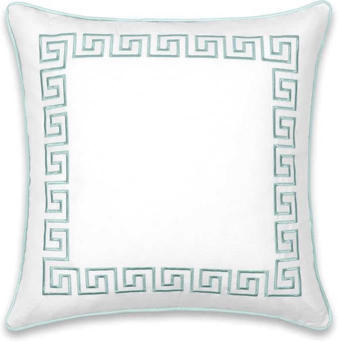 Hofdeco Premium Coastal Patio Indoor Outdoor Throw Pillow Cover Only, 20"x20" Water Repellent for Backyard, Couch, Aqua Embroidered Greek Key with Piping