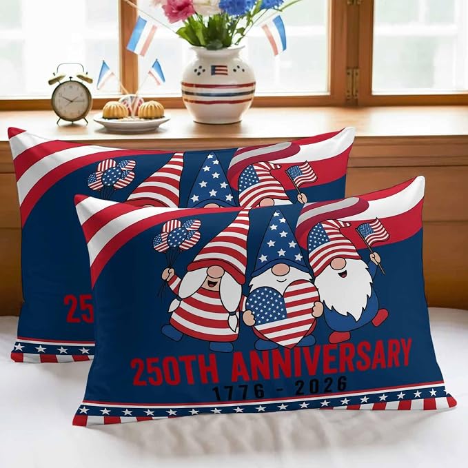 250th Anniversary Outdoor Pillow Covers 20"x12" Set of 2, Patriotic Gnome USA Flag Independence Day Waterproof Throw Pillow Covers for Patio Furniture, Decorative Cushion Covers for Porch