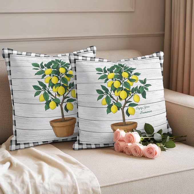 Summer Yellow Lemons Outdoor Waterproof Pillow Covers Set of 2, Green Leaf Botanical Gardens Wood Grain Plaid Pillowcase Decorative Throw Cushion Cases for Patio Garden Couch 18 x 18 Inches