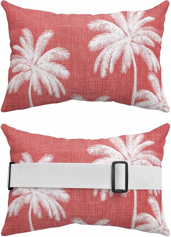 Pack of 2 Outdoor Lumbar Pillow Covers 11x16 Inch, Coral Red Palm Trees Waterproof Throw Pillow Covers Set, Farmhouse Tropical Summer Beach Indoor&Outdoor Decorative Cushion Cases for Patio Porch Car
