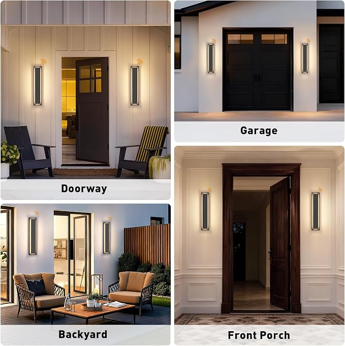 tewei 23.6'' Dusk to Dawn Outdoor Wall Lights, Modern Black LED Outdoor Wall Sconce, Large Long Exterior Lighting Fixtures Outside Porch Lights for House, Garage, Warm White 3000K, 2 Pack