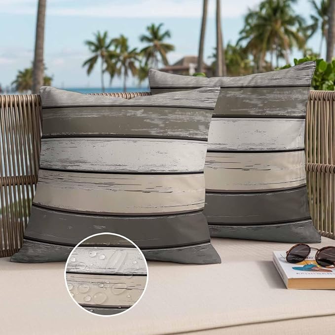 Retro Dark Grey Stripe Outdoor Waterproof Throw Pillow Covers Set of 2, 26"x26", Peeling Paint Effect Texture Decorative Pillow Covers Outside Cushion Case for Patio Porch Garden