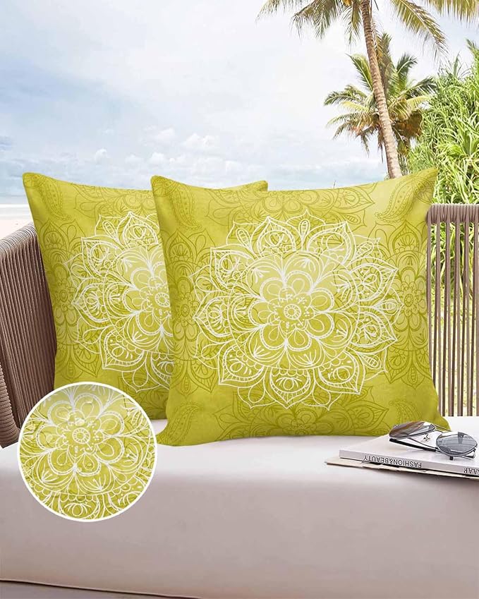 Vandarllin Outdoor Throw Pillows Covers 16x16 inch Set of 2 Waterproof Yellow Boho Floral Decorative Zippered Cushion Covers for Patio Furniture, Bohemian Flower Lumbar Pillowcases