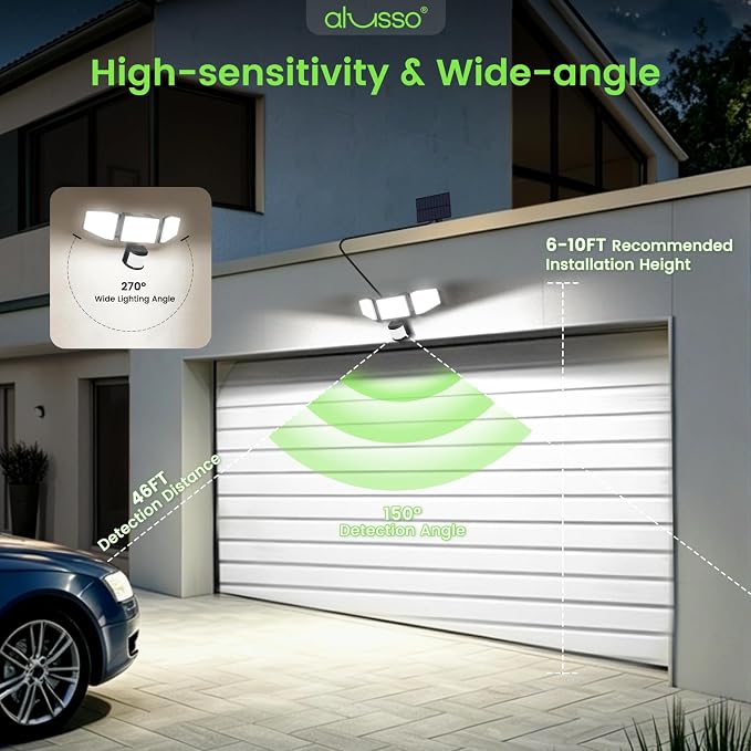 ALUSSO Solar Lights Outdoor Motion Sensor, 400LM LED Security Lights w/Remote, Dusk to Dawn/Auto/On Time Modes, CCT Adjustable 3000K-6500K, Dimmable IP54 Flood Wall Light for Garden Yard(1 Pack)