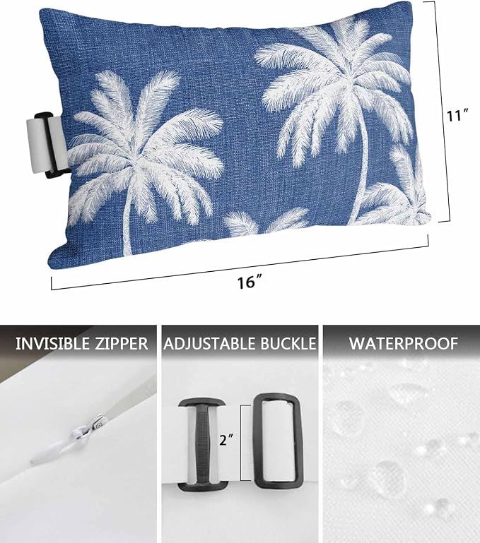 Pack of 2 Outdoor Lumbar Pillow Covers 11x16 Inch, Navy Blue Palm Trees Waterproof Throw Pillow Covers Set, Farmhouse Tropical Summer Beach Indoor&Outdoor Decorative Cushion Cases for Patio Porch Car