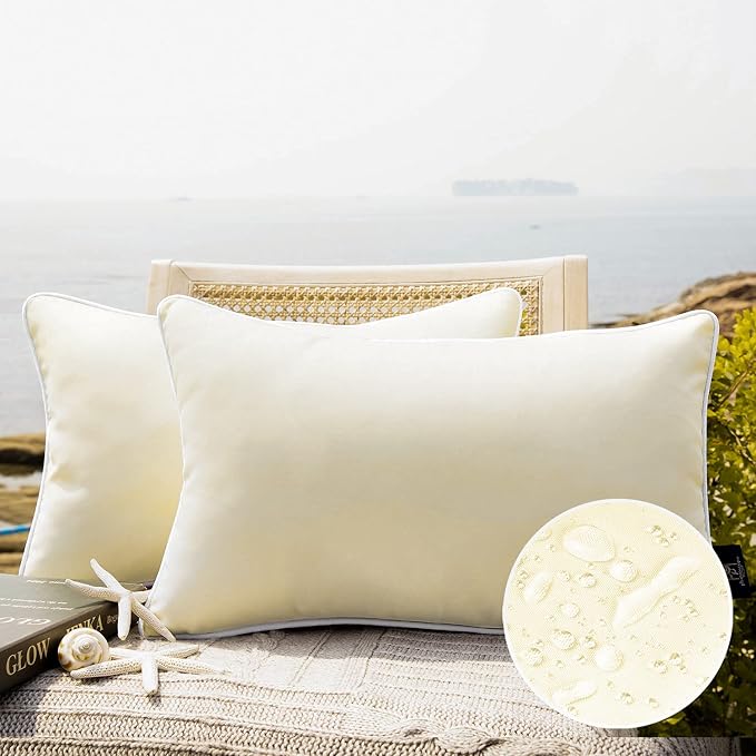 Phantoscope Pack of 2 Outdoor Waterproof Solid Throw Decorative Pillow Cover Decorative Square Outdoor Pillows Cushion Case Patio Pillows for Couch Tent,Cream Cheese 12x20 inches 30x50 cm