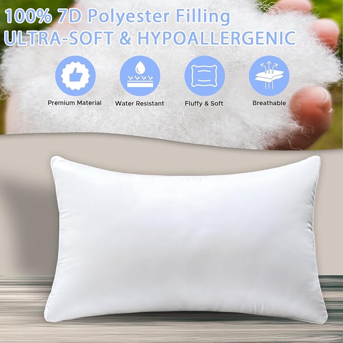 12x20 Waterproof Outdoor Lumbar Pillow Inserts, 2 Pack | Hypoallergenic & machine washable. Soft yet supportive, stays plump. Waterproof protection for patio, sofa, bed, garden.