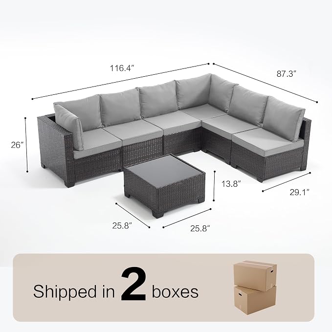 7-Piece Outdoor Patio Furniture Set, Light GreyPE Rattan Weaving Sofa with Light Grey Cushions and Steel Frame, Coffe Table Included, Outdoor Conversation Set