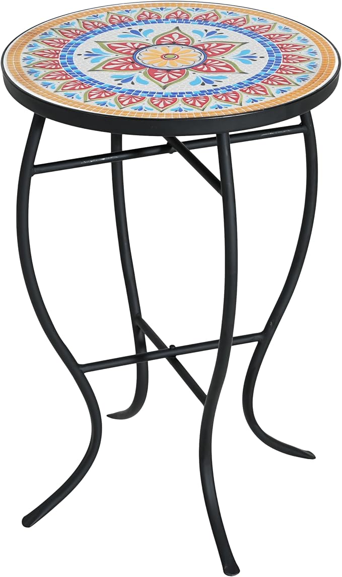 Colorful Floral Mosaic Tile Round Side Table, Boho Patio End Table with Curved Black Wrought Iron Legs, Weather Resistant Accent Table for Balcony Backyard Porch Living Room