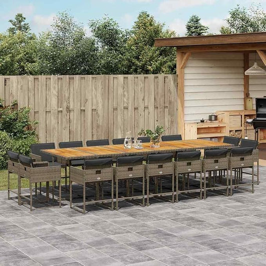 17 Piece Patio Dining Set with Cushions Gray Poly Rattan Outdoor Furniture for Garden Backyard Entertaining, Folding Chairs with Removable Washable Covers, Acacia Wood Table