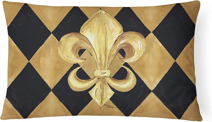 Caroline's Treasures 8125PW1216 Black and Gold Fleur de lis New Orleans Canvas Fabric Decorative Pillow Machine Washable, Indoor Outdoor Decorative Pillow for Couch, Bed or Patio, 12HX16W