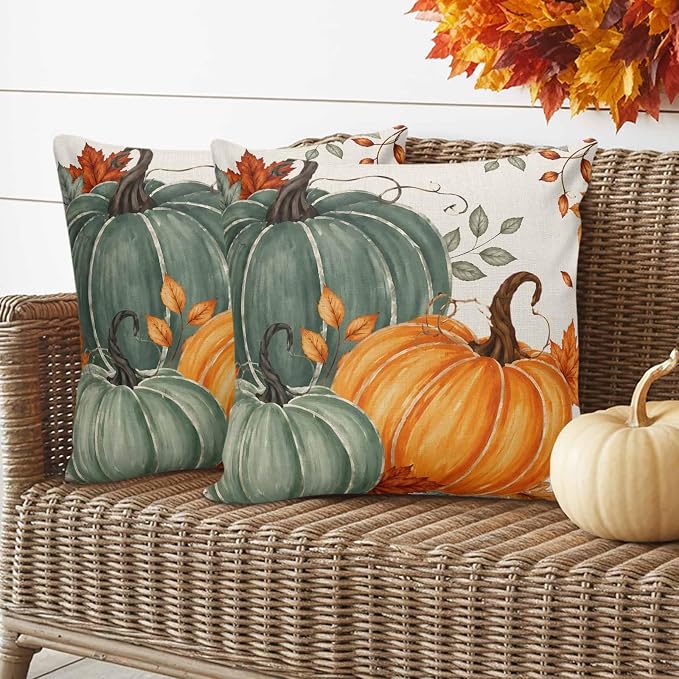 Green Orange Fall Waterproof Outdoor Pillow Covers 16''x16'' Set of 2, Maple Leaves Thanksgiving Patio Furniture Cushion Covers for Chairs,Decorative Farmhouse Beige Pillow Cases for Garden/Pool/Beach