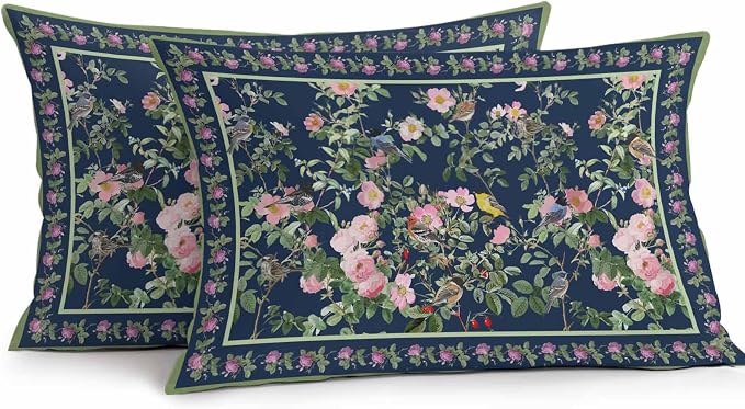 Vandarllin Outdoor Throw Pillows Covers 20x12 inch Set of 2 Waterproof Pink Floral Bird Decorative Zippered Cushion Covers for Patio Furniture, Green Leaves Branches Navy Blue Lumbar Pillowcases