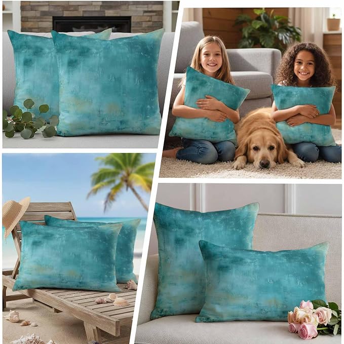 Teal Outdoor Waterproof Pillow Covers, Vintage Oil Painting Decorative Square Throw Pillowcase, Modern Abstract Art Sofa Cushion Sham for Patio/Couch/Chair, 16"x16" 2 Pack