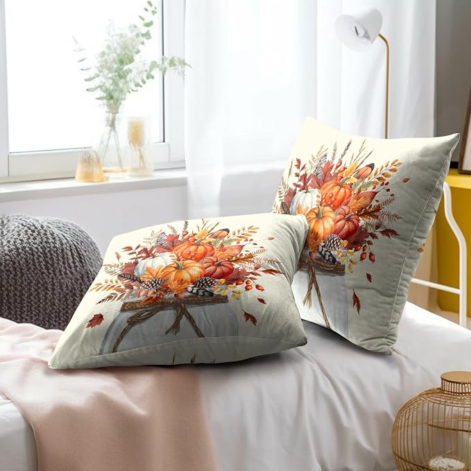 Fall Throw Pillow Covers 16x16 Inch, Set of 2 Orange Pumpkin Flowers Square Pillowcases Cotton Cushion Cover for Living Room Bedroom Couch Sofa Farmhouse Home Decor