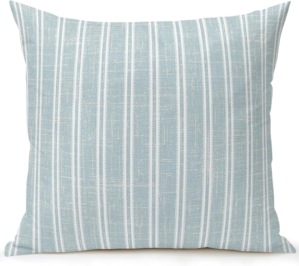 Waterproof Outdoor Pillow 1 Pack Blue Linen Striped Decorative Throw Pillows Cover & Insert 16x16 Inch Pillowcase Vertical Stripes Lines Pillows for Couch Sofa Bed Patio Furniture Indoor Outdoor