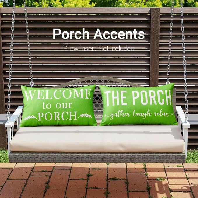 Porch Decor Green Outdoor Lumbar Pillow Covers Waterproof 12x20 for Patio | Set of 2, Patio Decor, Porch Pillows, Outdoor Pillows Waterproof, Outdoor Pillows for Patio Furniture, Weather Resistant