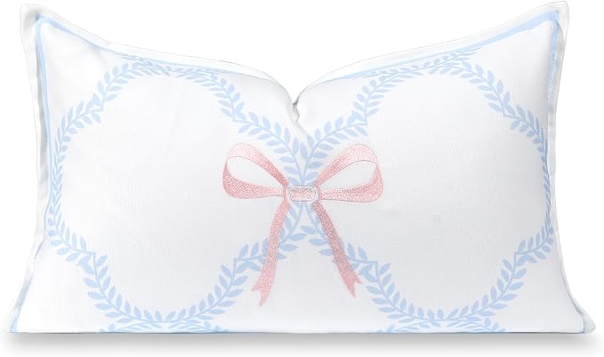 Hofdeco Premium Coastal Grandmillennial Patio Indoor Outdoor Lumbar Pillow Cover Only, 12"x20" Water Repellent for Backyard, Couch, Poolside, Baby Blue Pink Embroidered Ribbon Bow Tie on Leaves