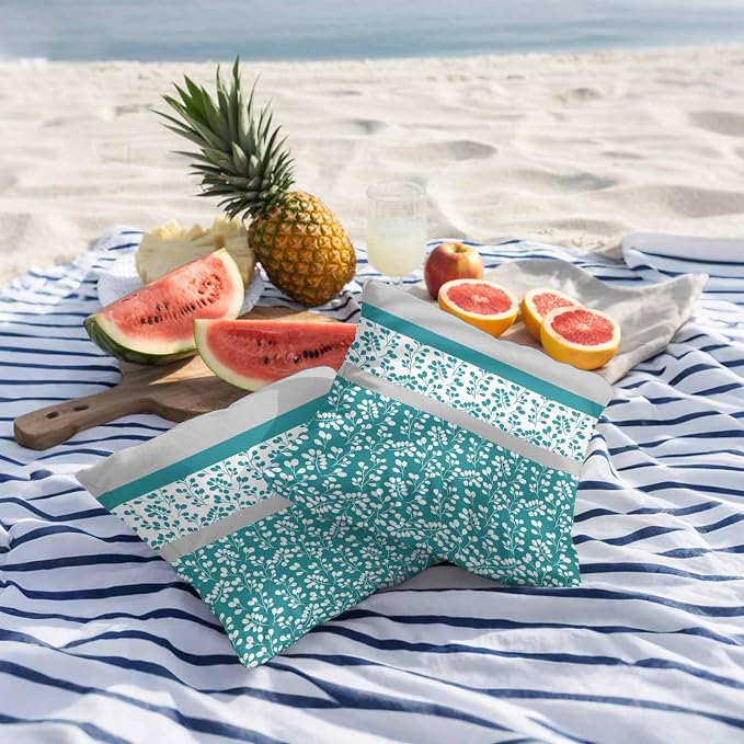 Teal Floral Outdoor Pillow Covers 20x20 Inch Throw Pillow Covers Set of 2 Waterproof Decorative Pillow Cases Botanical Blossom Motif Boho Grey Stripes Cushion Covers for Patio Furniture Garden Couch