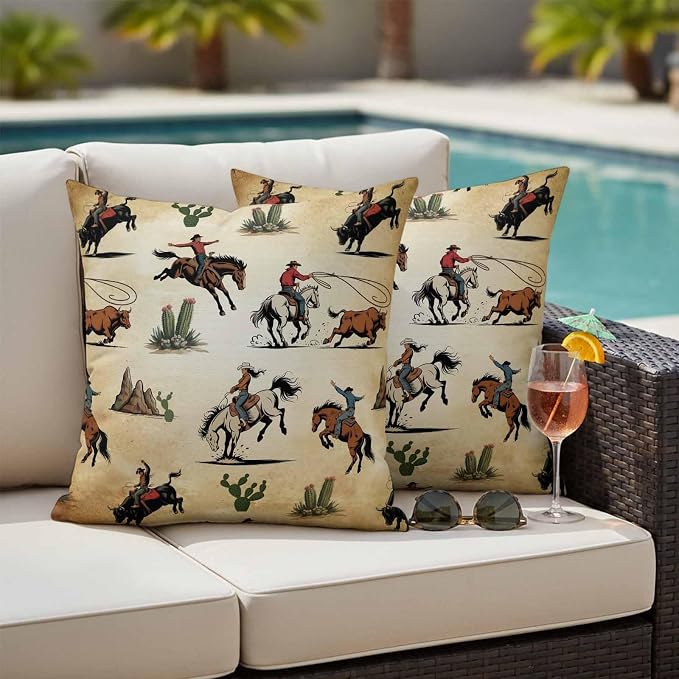 Western Cowboys Outdoor Pillow Covers Waterproof, All Weather Cushion Case Set of 2, Brown Vintage Country Cactus Decorative Pillowcases for Sofa Couch Bed Decor Patio Furniture 20"x20"