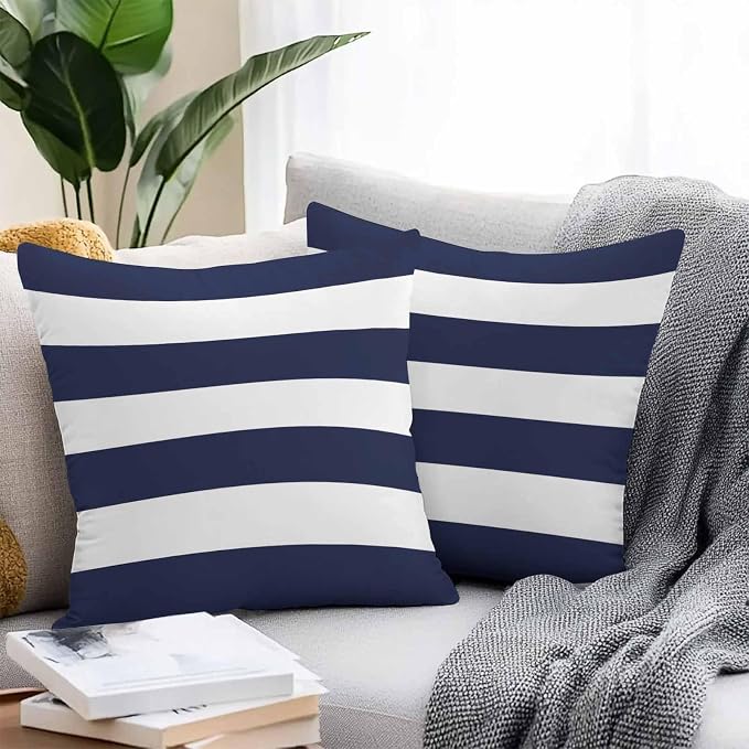 Outdoor Waterproof Throw Pillow Covers Set of 2 Navy Blue Stripe Pillowcases 16x16 Inches Simple Style White Striped Decorative Pillows Cushion Case Patio Pillows for Couch Bed Chair Garden