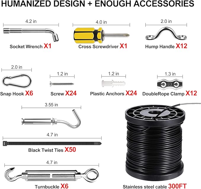BLIKA String Light Hanging Kits, 300FT Coated Stainless Steel 304 Wire Rope | Outdoor Light Guide Wire, Globe String Light Suspension Kit Included Turnbuckles, Enough Accessories, Use Manual