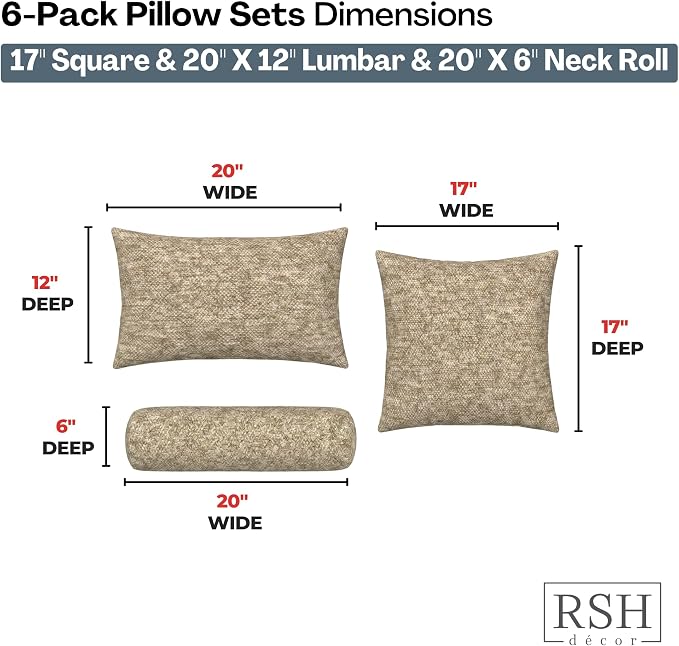 RSH DECOR: 6-Pack Pillow Set | Sunbrella Performance Fabric |Water & Fade-Resistant| 17" Square, 20"x12" Lumbar, 20"x6" Neck Roll | Outdoor Pillows for Patio Furniture | Made in USA (Berber Cafe)
