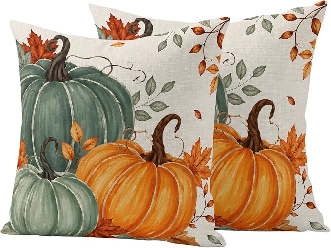 Green Orange Fall Waterproof Outdoor Pillow Covers 16''x16'' Set of 2, Maple Leaves Thanksgiving Patio Furniture Cushion Covers for Chairs,Decorative Farmhouse Beige Pillow Cases for Garden/Pool/Beach