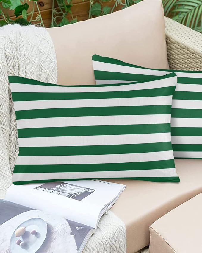 Outdoor Throw Pillow Cover Green White Geometric Striped Waterproof Cushion Covers 2 Pack Xmas Color Striped Pillow Cases Home Decoration for Patio Garden Couch Sofa 20x12In