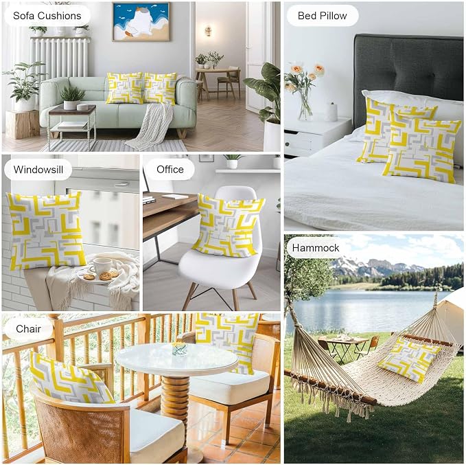 Vandarllin Outdoor Throw Pillows Covers 24x24 inch Set of 2 Waterproof Yellow Geometric Stripes Decorative Zippered Cushion Covers for Patio Furniture, Modern Abstract Lines Lumbar Pillowcases