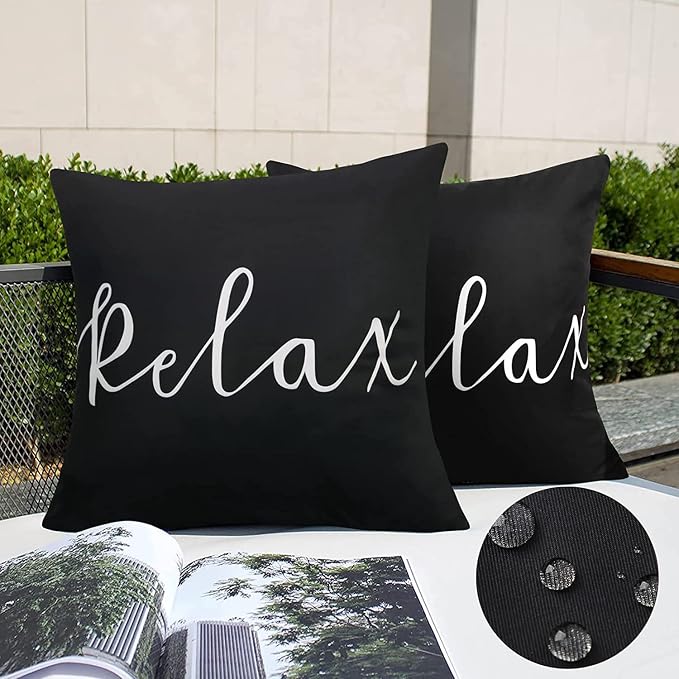 Merrycolor Pack of 2 Black and White Outdoor Waterproof Pillow Covers Relax Decorative Throw Pillow Covers Outdoor Pillows Covers for Patio Furniture Tent Balcony Couch Sofa （Relax 20x20 Inch