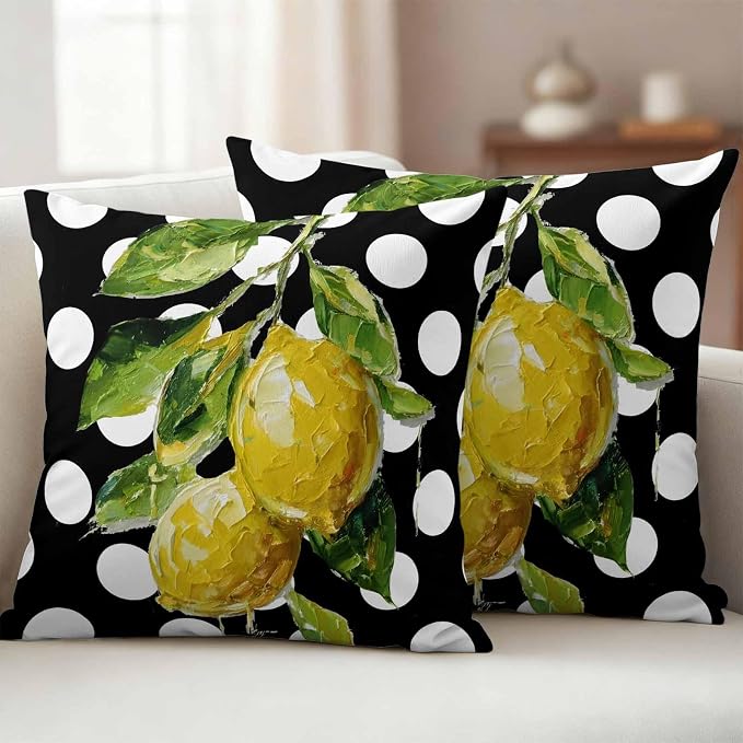 Waterproof Pillow Covers Set of 2,Farmhouse Yellow Lemon Green Leaf Outdoor Pillow Protectors with Zipper Pillowcases for Patio Tent Garden Beach 26x26 Inches Black White Polka Dot