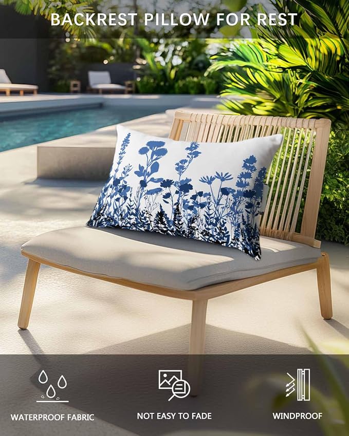 Outdoor Lumbar Cushions with Inserts, Classic Navy Blue Gradient Black Flower Silhouette Waterproof Fluffy Fade Body Pillows, Patio Furniture Pillow for Home Balcony Garden Decor 12x20IN