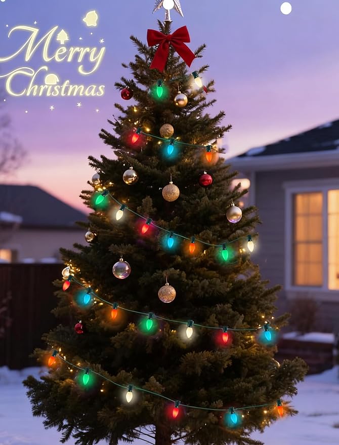 C7 Multicolor Ceramic Christmas Lights Outdoor, 26Ft Vintage Christmas Decorations Lights with 27 5W Incandescent Ceramic Bulbs(2 Spare), Hanging Old Fashioned String Lights for Patio Party Xmas Decor
