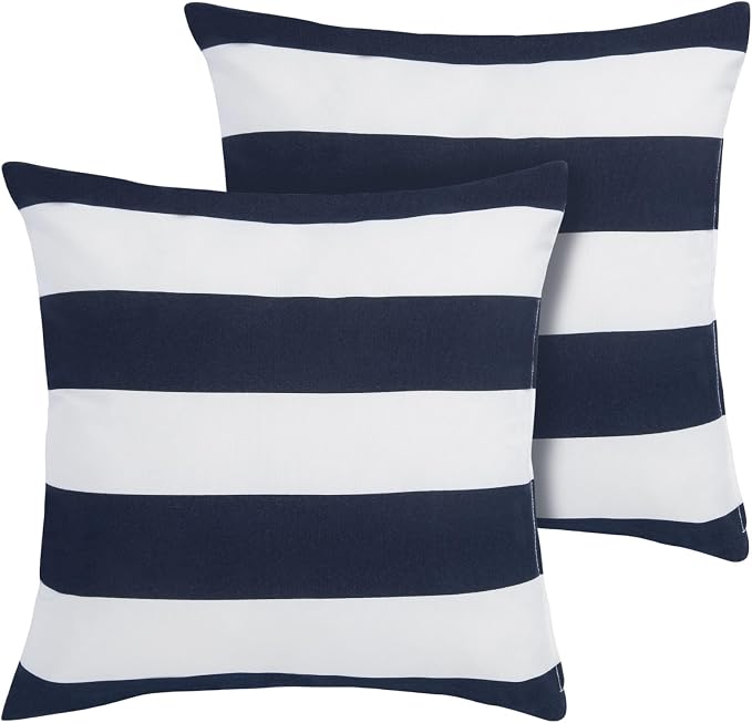 Throw Pillow Covers Set of 2, Outdoor Indoor Waterproof Decorative Patio Throw Pillowcase Shell 18x18 Inch, Square Cushion Case for Couch Sofa Garden Farmhouse Decoration-Navy White Stripe