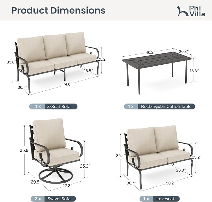 PHI VILLA Patio Furniture Set, 1 Loveseat, 3-Seater Sofa, 2 Swivel Chairs and a Coffee Table, Outdoor Metal Conversation Set with 5.75" Extra Thick Cushion for Garden Backyard Deck, Beige