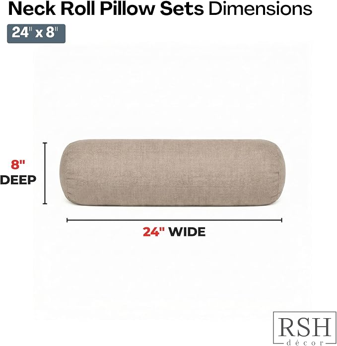 RSH DECOR: Sunbrella Neck Roll Pillows Set of 2 | 24” x 8” | Outdoor Bolster for Patio, Deck, Porch, or Poolside Chairs | Fade & Water-Resistant | Made in USA (Vesper Alpaca Stone)