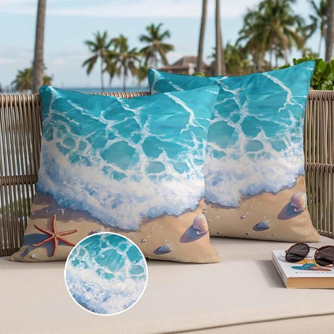Ocean Beach Waterproof Outdoor Pillow Covers Set of 2 Home Decor, Coastal Nautical Starfish Shells Sea Waves Pillowcase Patio Pillow Covers for Couch Bench Furniture Garden 18x18in