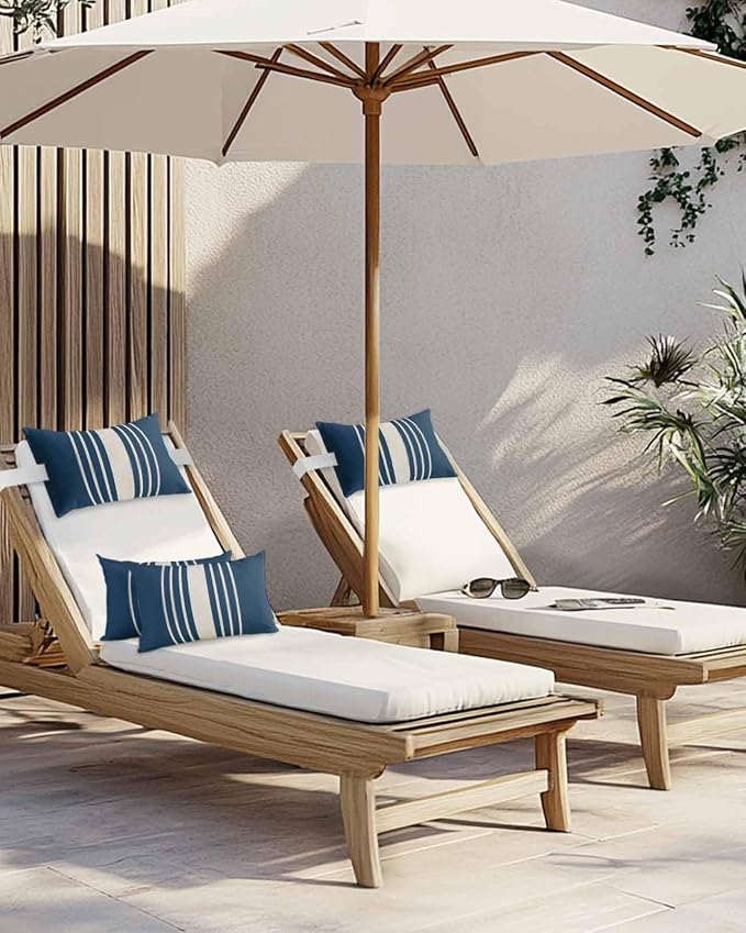 Pack of 4 Outdoor Lumbar Pillow Covers 12x20 Inch, Navy Blue Beige Striped Waterproof Throw Pillow Covers Set, Modern Farmhouse Retro Lines Indoor&Outdoor Cushion Cases for Patio Porch Beach