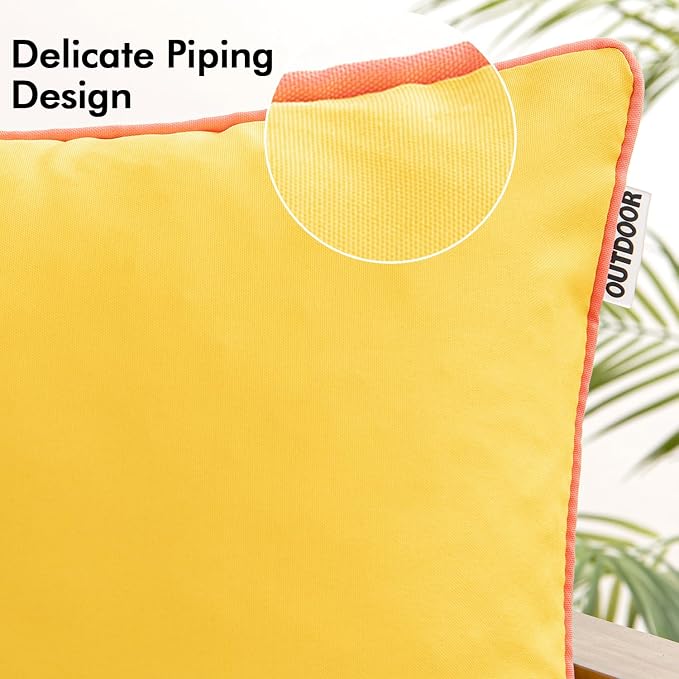 MIULEE Outdoor Waterproof Pillow Covers 18x18 Yellow-Coral Red Pack of 2 | Decorative Farmhouse Throw Pillow Covers with Piping,Square Solid Color,Patio Furniture,Summer Couch Tent Sofa Living Room