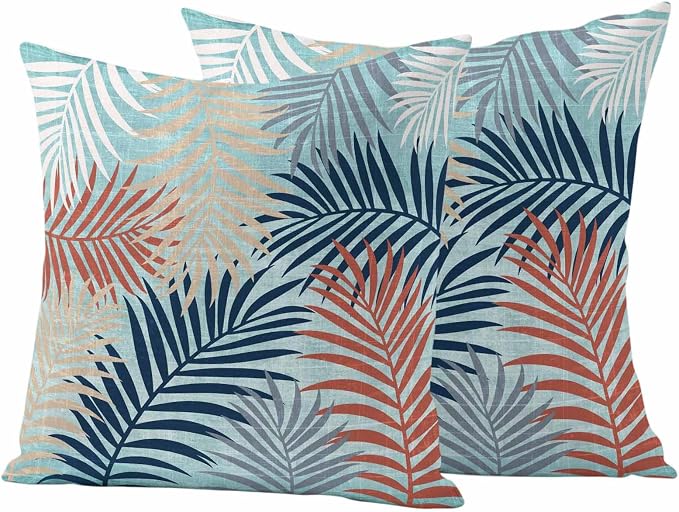 Outdoor Waterproof Throw Pillow Covers, Red Blue Teal Palm Leaves Decorative Pillow Cases, Summer Botanical Tropical Leaf Couch Pillow Protector Patio Sofa Cushion Covers Replacement 20"x20" 2 Pack