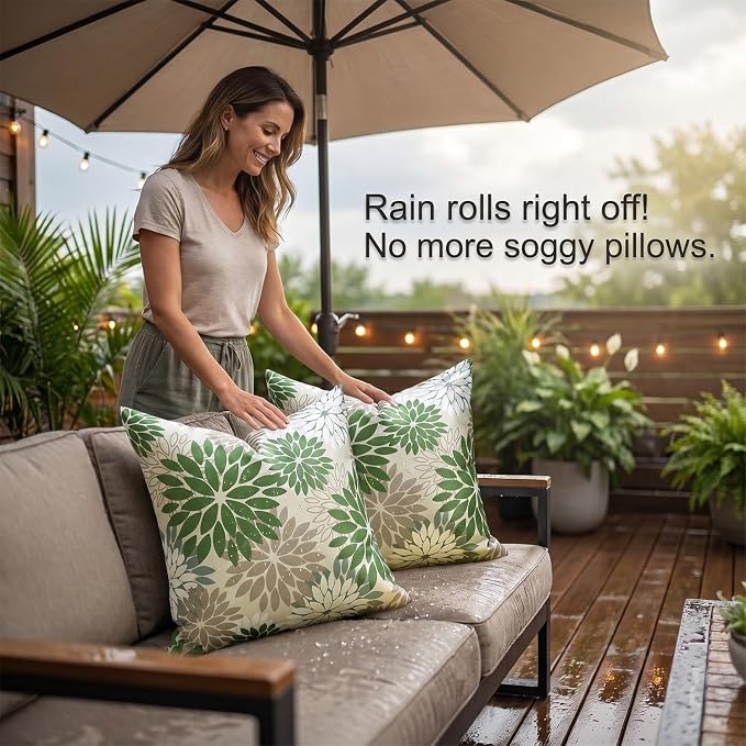 Decorative Outdoor Waterproof Throw Pillow Covers 20×20 Inch Set of 2 Green and Grey Decorative Pillow Case Dahlia Flowers Cushion Covers Spring Summer for Garden Patio Living Room