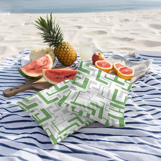 Vandarllin Outdoor Throw Pillows Covers 16x16 inch Set of 2 Waterproof Green Geometric Stripes Decorative Zippered Cushion Covers for Patio Furniture, Modern Abstract Lines Lumbar Pillowcases