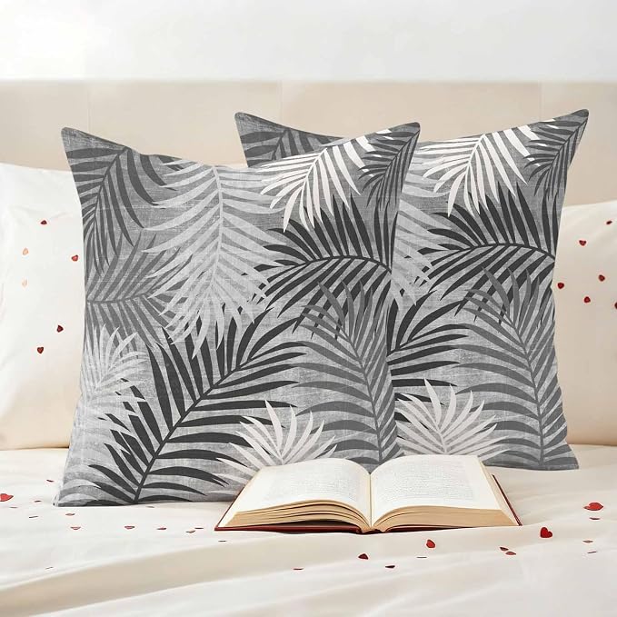 Outdoor Waterproof Throw Pillow Covers, Grey Palm Leaves Decorative Pillow Cases, Summer Botanical Tropical Leaf Couch Pillow Protector Patio Sofa Cushion Covers Replacement 24"x24" 2 Pack