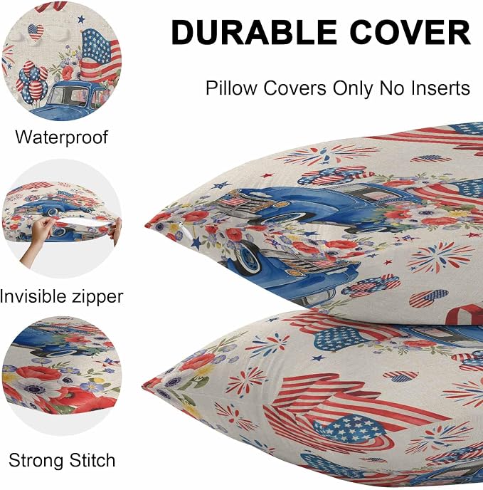Independence Day Outdoor Throw Pillow Cover Farm Truck USA Flag Poppy Waterproof Cushion Covers 2 Pack Retro Patriotic Fireworks Pillow Cases Home Decoration for Patio Garden Couch Sofa 20x12In
