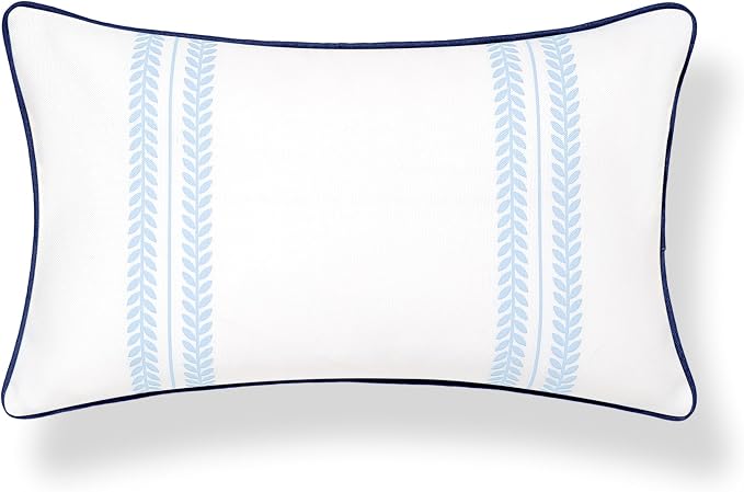 Hofdeco Premium Coastal Hampton Patio Indoor Outdoor Lumbar Pillow Cover Only, 12"x20" Water Repellent for Backyard, Couch, Poolside, Baby Blue Navy Print Leaf Striped